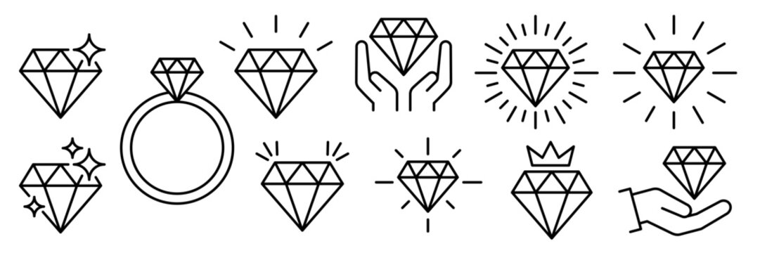 Set of diamonds line in a flat icons style. Abstract black diamond collection icons. Gemstone icons in a linear minimal style. Vector icon logo design diamonds.