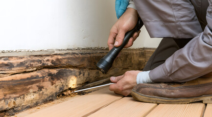 Fototapeta premium The home pest control technician is examining a damaged wooden baseboard for signs of termites or carpenter ants by using a flashlight and a probe tool as part of a thorough home inspection