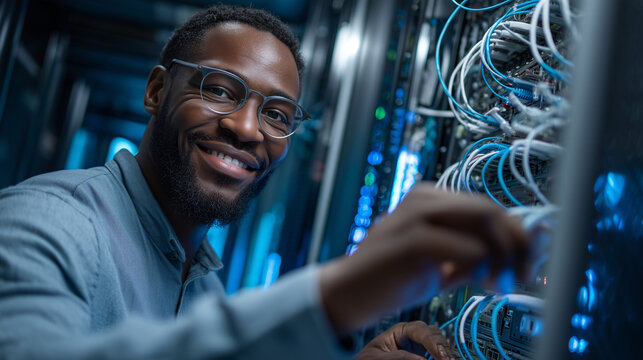 Smiling network engineer working in a modern data center while configuring server equipment and network cables. IT infrastructure, cloud computing, cybersecurity and technology concept.
