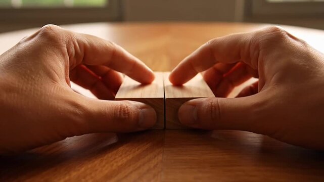 Hands joining two wooden blocks together on a wooden table.