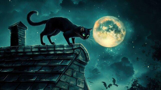 Black cat on a rooftop under the full moon