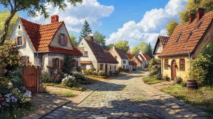 Obraz premium Charming European village with cobblestone streets and quaint cottages