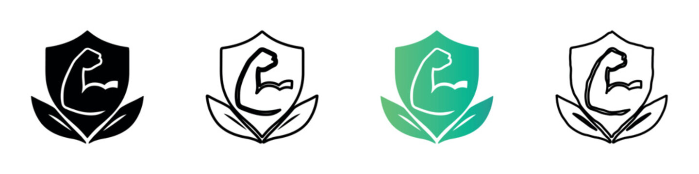 Shield with flexing arm and leaves emblem representing strength and natural wellness