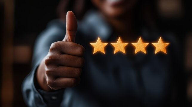Excellent rating: A satisfied person gives a thumbs-up gesture with four golden stars glowing above, symbolizing a high rating or positive feedback.