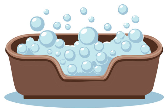 Dog bath tub with abundant white foam and bubbles overflowing