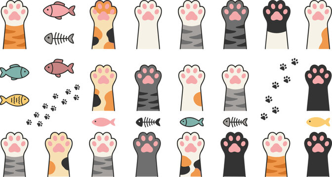 Cute Cat Paw Vector Illustration Collection with Colorful Kitty Footprints Fish Bones and Toe Beans Icons for Pet Shop Branding Stickers and Textile Pattern Designs
