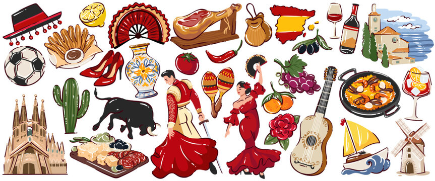 Travel to Spain large icon set with flamenco dancers, bull, paella, wine, guitar, fan, landmarks, food, sea symbols for travel projects, posters, guides, souvenirs. Spain icons vector illustration