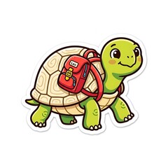 Obraz premium Cute Cartoon Turtle Wearing Red School Backpack Sticker Illustration