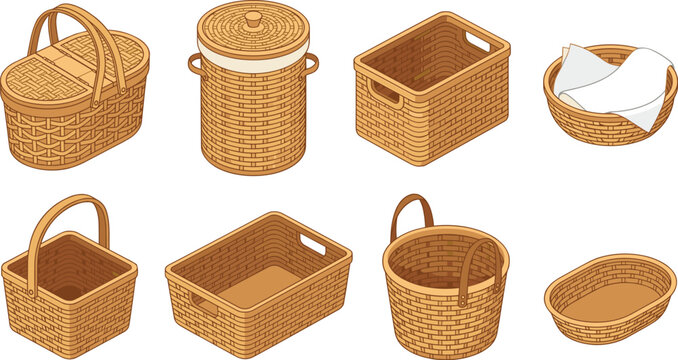 Wicker basket vector collection featuring isolated isometric rattan storage boxes picnic hampers laundry bins and empty weaving containers on white background