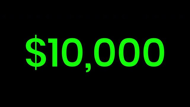 Number counter animation from zero to ten thousand numbers on a transparent background, dollar counting number animation, with alpha channel, counting money and digits, 4k loop animation