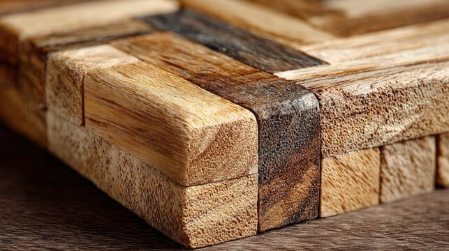 Rubberwood finger joint board texture, light blonde wood, visible zigzag joints, smooth table top background, furniture material 
