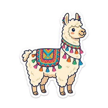 Cute Llama Sticker with Colorful Andean Patterns and Tassels