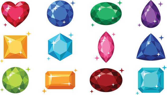 Shiny cartoon gemstones and crystals vector collection featuring colorful precious jewels of different shapes like heart oval diamond isolated on white background