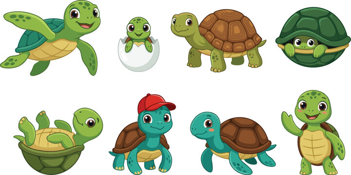 Cute cartoon sea turtle character set featuring little baby tortoises swimming hatching from egg smiling crawling hiding and waving on white background