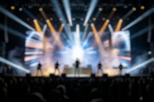 Blurred live band performance on stage with colorful lights and audience.