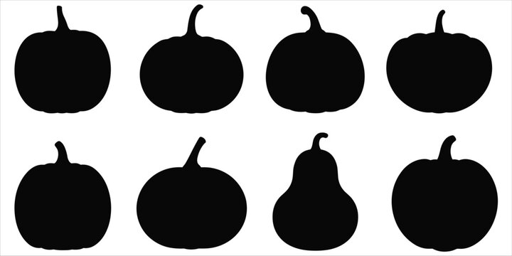 Assorted Black Silhouettes of Pumpkins and Gourds on White Background Keywords: pumpkins, gourds, squash, autumn, fall, harvest, Halloween