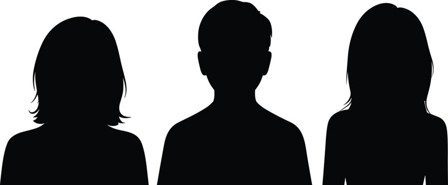 Black silhouettes of three heads and shoulders, two women and one man, on a white background people