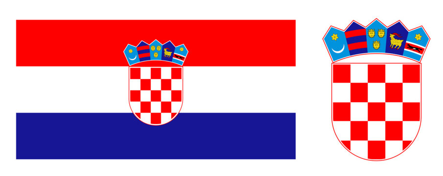 National flag and coat of arms of Croatia featuring red and white checkerboard shield and crown of five historical shields
