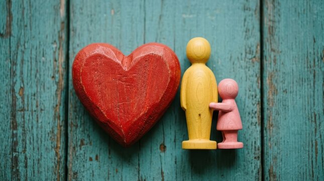 Wooden heart and little child figurine standing next to tall adult figure on teal boards.