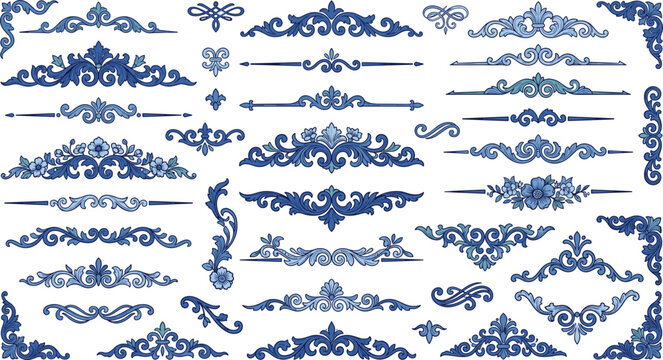 Vintage blue baroque style ornamental vector set featuring isolated filigree dividers elegant text borders frames and royal corner decorations