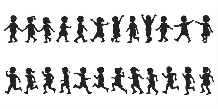 Silhouettes of children walking and running in two rows on a white background Keywords: silhouette, children, kids, boys, girls, walking
