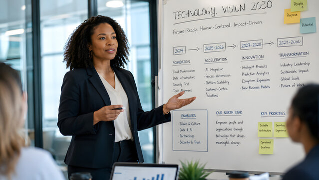 Woman technology strategist setting ambitious tech vision for future