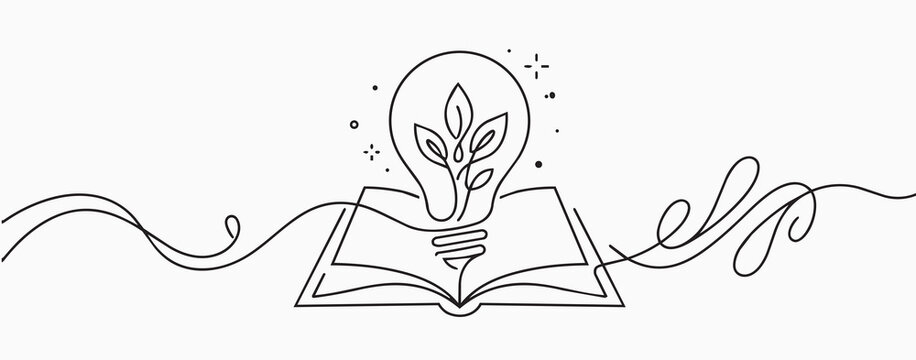 Growth mindset concept with plant in lightbulb on book continuous line drawing vector