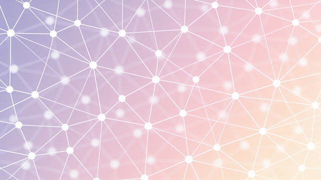 Abstract digital network plexus background with white connection dots and lines on pastel purple and pink gradient for futuristic technology design