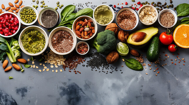 Healthy food clean eating selection: fruit, vegetable, seeds, superfood, cereal, leaf vegetable on gray concrete background
