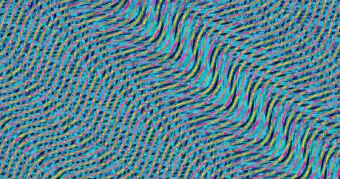 Abstract digital background with undulating red, green, and blue flowing lines, seamless rhythmic wave pattern with moir&eacute; effect.