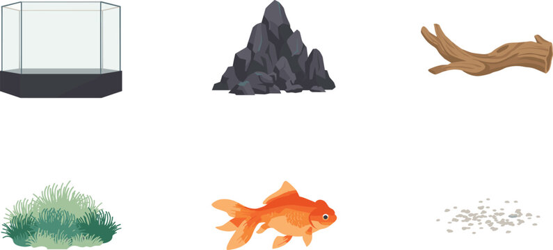 Aquarium Aquascaping Element Vector Icon Set Featuring Hexagonal Glass Tank Rock Mountain Driftwood Moss Bush Goldfish and Sand substrate Layouts