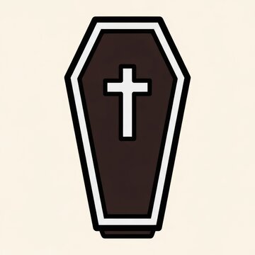 Solemn funeral scene featuring a coffin with a cross emblem against a beige background.