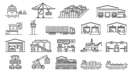 Naklejka premium Industrial Logistics Icons: A collection of minimalist line art icons depicting various aspects of industrial logistics, including cargo ships, cranes, warehouses, trucks, and forklifts.