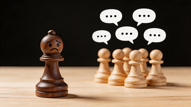 Sad wooden chess pawn feeling isolated and bullied by a group of other pawns with speech bubbles, representing workplace gossip, social exclusion, loneliness, depression