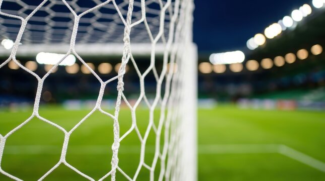 Close up of white soccer goal net in a stadium with green field and bright lights at night perfect for sports events