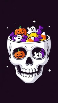 Halloween skull bowl filled with candy and spooky decorations illustration.
