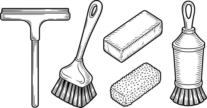 Hand drawn vector illustration set of household cleaning tools including squeegee, brushes, and sponges for professional janitorial service design templates