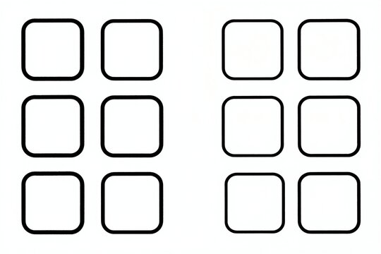 Arrangement of eight empty rounded square frames on white background. Digital interface elements for app icons or placeholders for images, content, or notes.