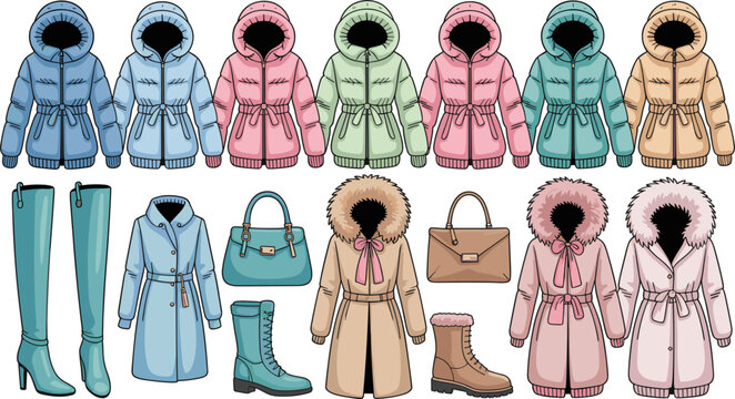 Vector set of winter fashion apparel and accessories featuring colorful puffer jackets, elegant wool coats, thigh boots, and stylish handbags.
