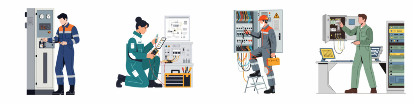 Set of illustrations showing professional electricians and technicians performing maintenance, repair, and testing of electrical systems and control panels.
