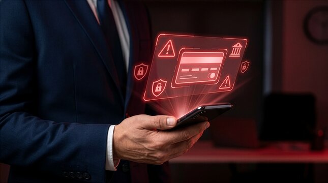 Online payment fraud detection and cybersecurity threat alert concept person using smartphone, blocked credit card transaction warning and digital banking security system to preventnew 
