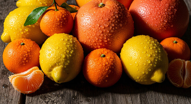Thirst-quenching Meyer lemons, clementines, tangerines and ruby red grapefruits on Rustic Surface...