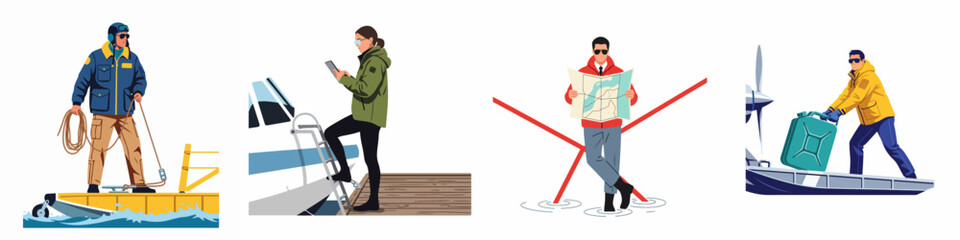Collection of flat illustrations depicting professional characters in arctic and marine settings performing tasks like navigation, fueling, and operating equipment on docks and seaplanes. © Kreco