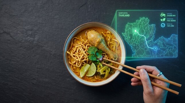 TopDown View of Khao Soi Noodle Soup with AR Food Traceability and Organic Sourcing Hologram