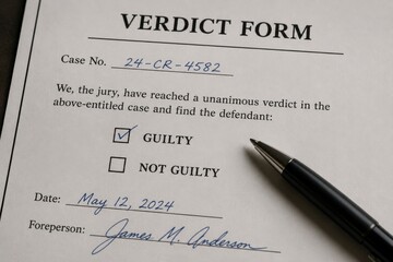 Obraz premium A printed verdict form showing a checkmark next to guilty with a ballpoint pen resting on the paper