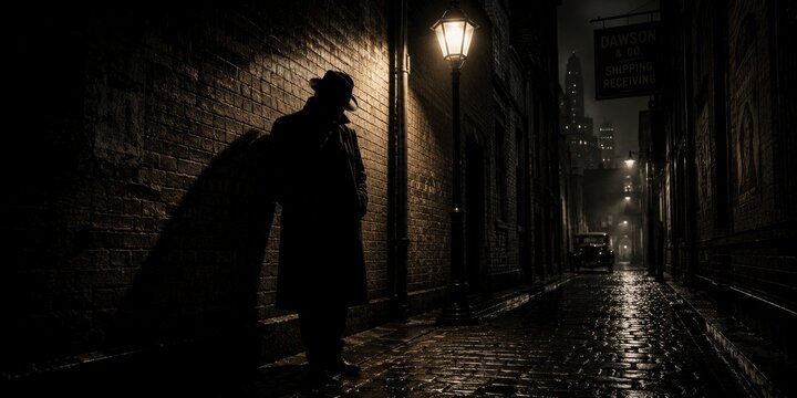 A man in a trench coat and fedora standing in a dimly lit rainy city alleyway at night in 1940s style