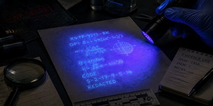 Forensic investigator using ultraviolet light to reveal secret mathematical formulas on document paper