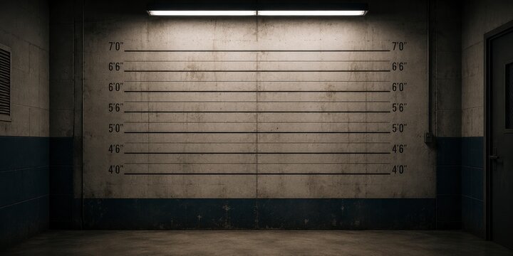 Police lineup room wall with height measurement markers in a gritty industrial concrete interior space