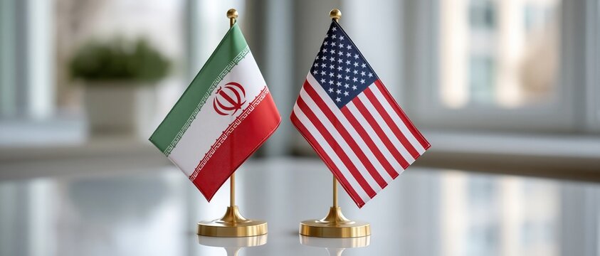 Two miniature desk flags representing Iran and the United States face each other on a reflective surface, symbolizing diplomacy, bilateral talks, sanctions negotiation, or geopolitical.