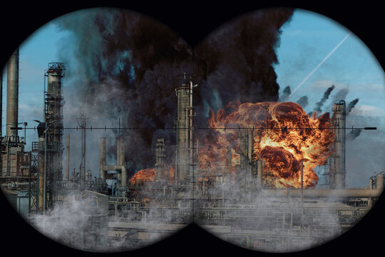 Explosion and thick black smoke above oil refinery in optical scope view.